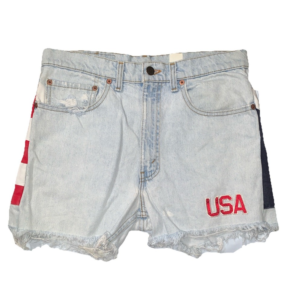 VTG Levis USA Flag Reworked High Rise Cut Off frayed Denim Shorts Distressed 30" - Picture 1 of 13